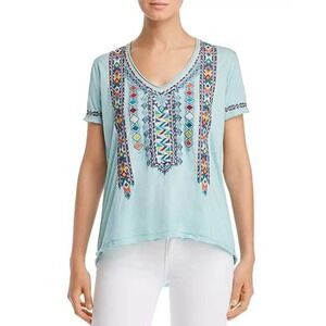 Johnny Was Amaris Everyday Tee Blue Size S Embroidered V Neck Short Sleeve NWT